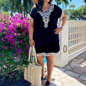 Women’s Black Tunic with White Lace Trim, Size S/M